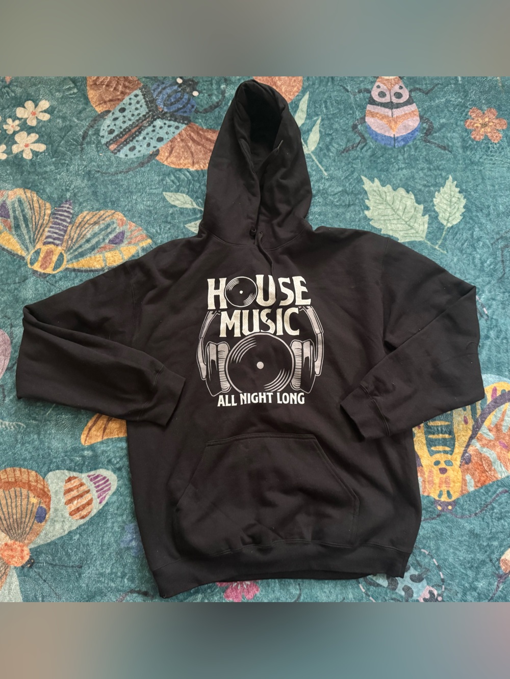 GILDAN House Music 'All Night Long' Graphic Black Hoodie L NWOT Cotton Blend